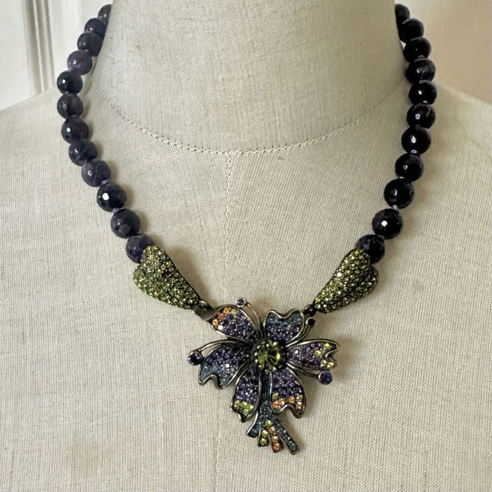 Heidi Daus Statement Floral Necklace with Genuine Amethyst Beads & Multicolor Cr